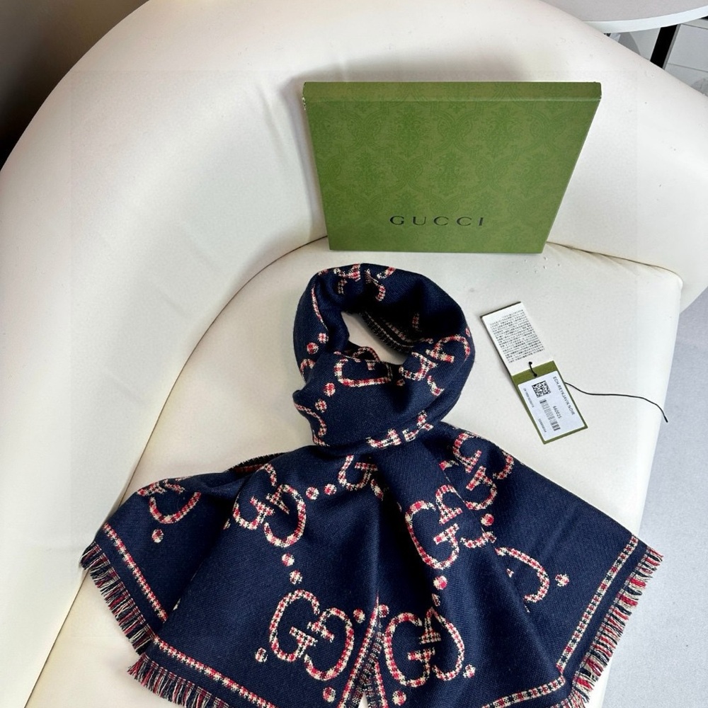 Gucci Dark Blue Scarf with Red and White Details